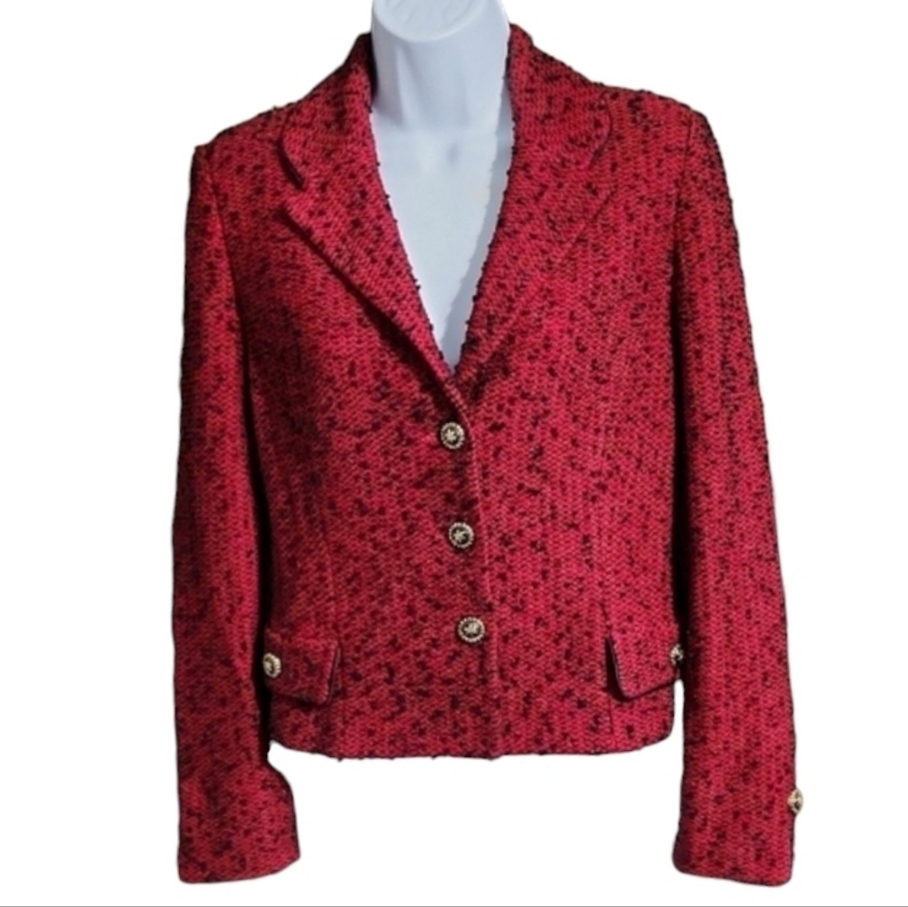 St. John Collection Vintage Red And Black Tweed Blazer with Gold Buttons